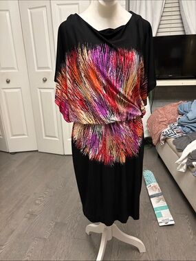 Maggy London Black Midi Dress with Multicolor Burst Print